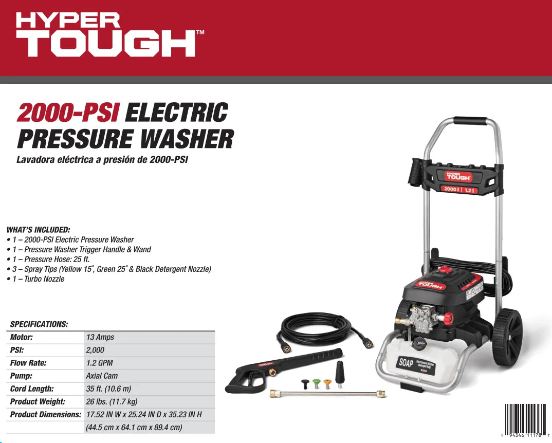 2000 PSI at 1.2 GPM 120 V Electric Powered Cold Water Pressure Washer