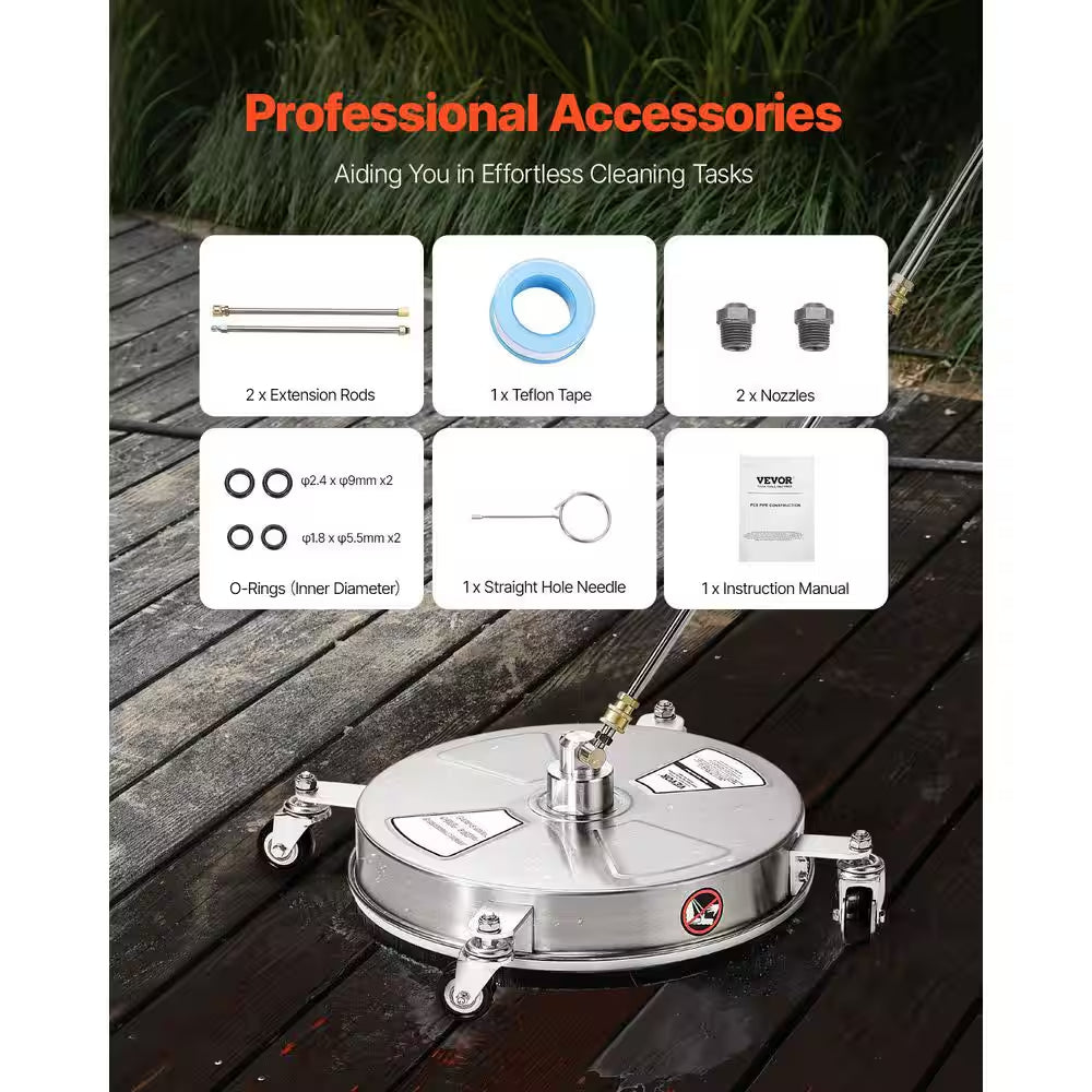 Pressure Washer Surface Cleaner 15 In. Stainless Steel Pressure Washer Surface Cleaner with 4-Wheels, Max 4000 PSI