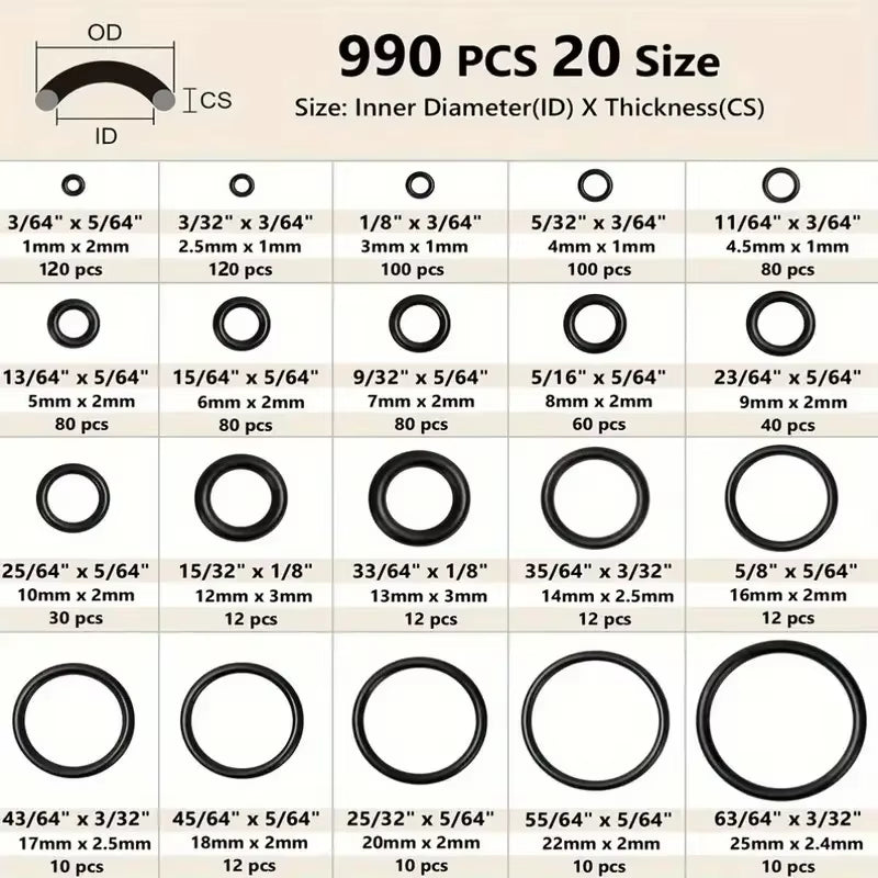 990Pcs Nitrile Rubber O Ring Kit Washer Gasket Seals Rubber Grommet Assortment for Pressure Washer Plumbing
