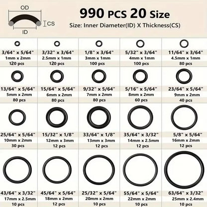 990Pcs Nitrile Rubber O Ring Kit Washer Gasket Seals Rubber Grommet Assortment for Pressure Washer Plumbing