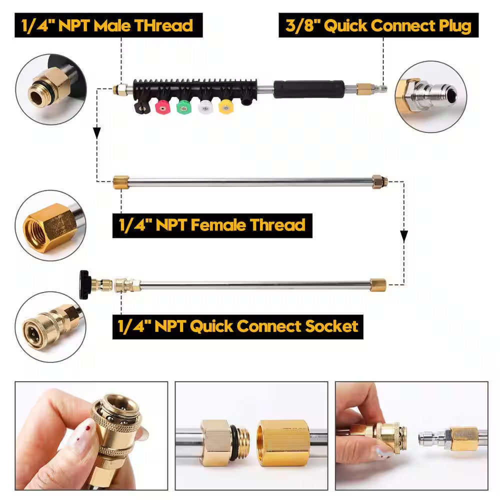 9 Pcs 4000 PSI Stainless Steel Pressure Washer Extension Wand, 1/4 " Quick Connect Power Washer Lance with 6 Nozzle Tips