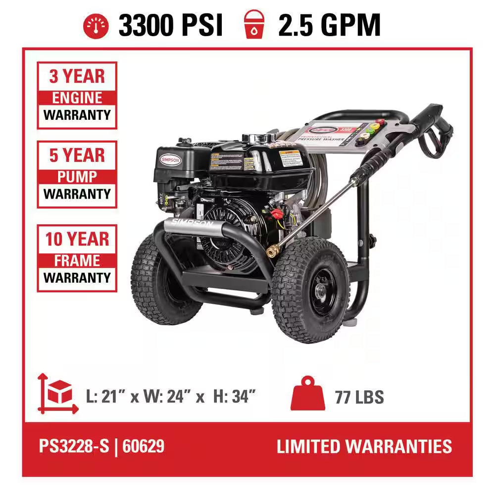 3300 PSI 2.5 GPM Gas Pressure Washer, HONDA GX200 Engine, Reliable Residential Cold Water Power Washer