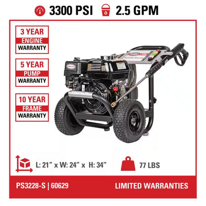 3300 PSI 2.5 GPM Gas Pressure Washer, HONDA GX200 Engine, Reliable Residential Cold Water Power Washer