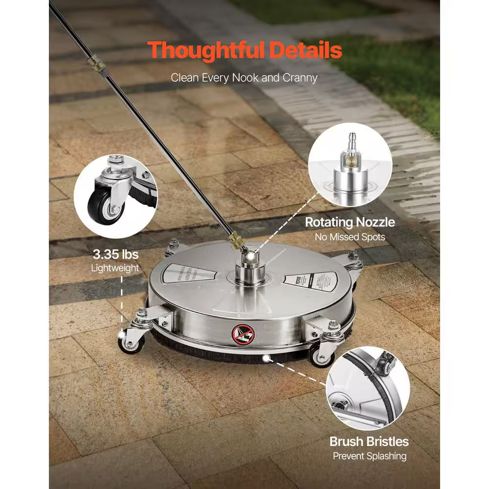 Pressure Washer Surface Cleaner 15 In. Stainless Steel Pressure Washer Surface Cleaner with 4-Wheels, Max 4000 PSI