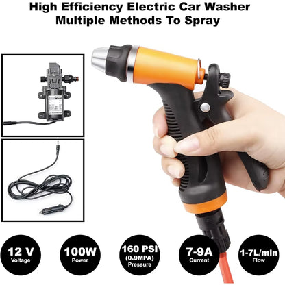 Portable Intelligent Electric Pressure Washer Pump 100W 160 PSI 12V Portable Pressure Powerful Washing Kit with 21.3 Feet PVC Ho