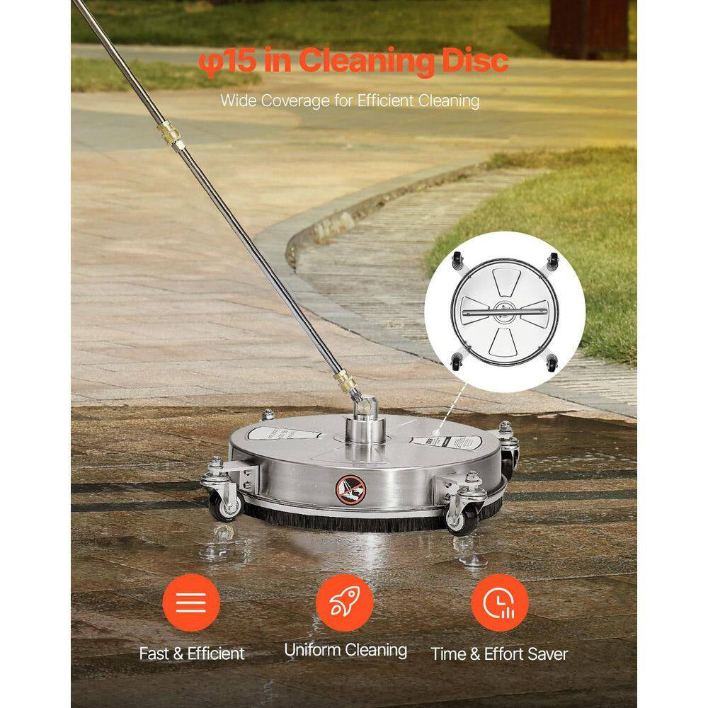 Pressure Washer Surface Cleaner 15 In. Stainless Steel Pressure Washer Surface Cleaner with 4-Wheels, Max 4000 PSI