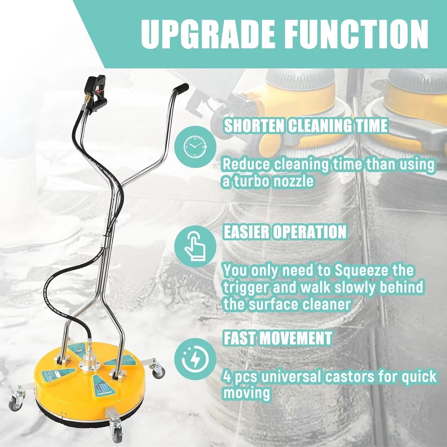 20'' Pressure Washer Surface Cleaner, 4500 PSI, Dual Handle with 4 Wheels for Driveways, Sidewalks, Patios, Decks