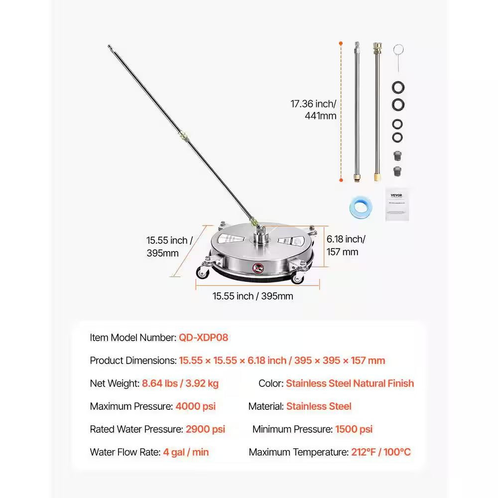 Pressure Washer Surface Cleaner 15 In. Stainless Steel Pressure Washer Surface Cleaner with 4-Wheels, Max 4000 PSI