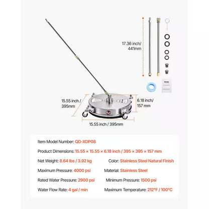 Pressure Washer Surface Cleaner 15 In. Stainless Steel Pressure Washer Surface Cleaner with 4-Wheels, Max 4000 PSI