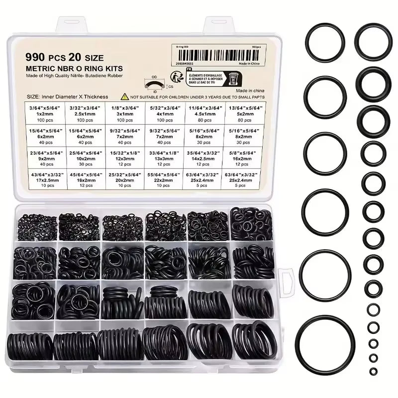 990Pcs Nitrile Rubber O Ring Kit Washer Gasket Seals Rubber Grommet Assortment for Pressure Washer Plumbing