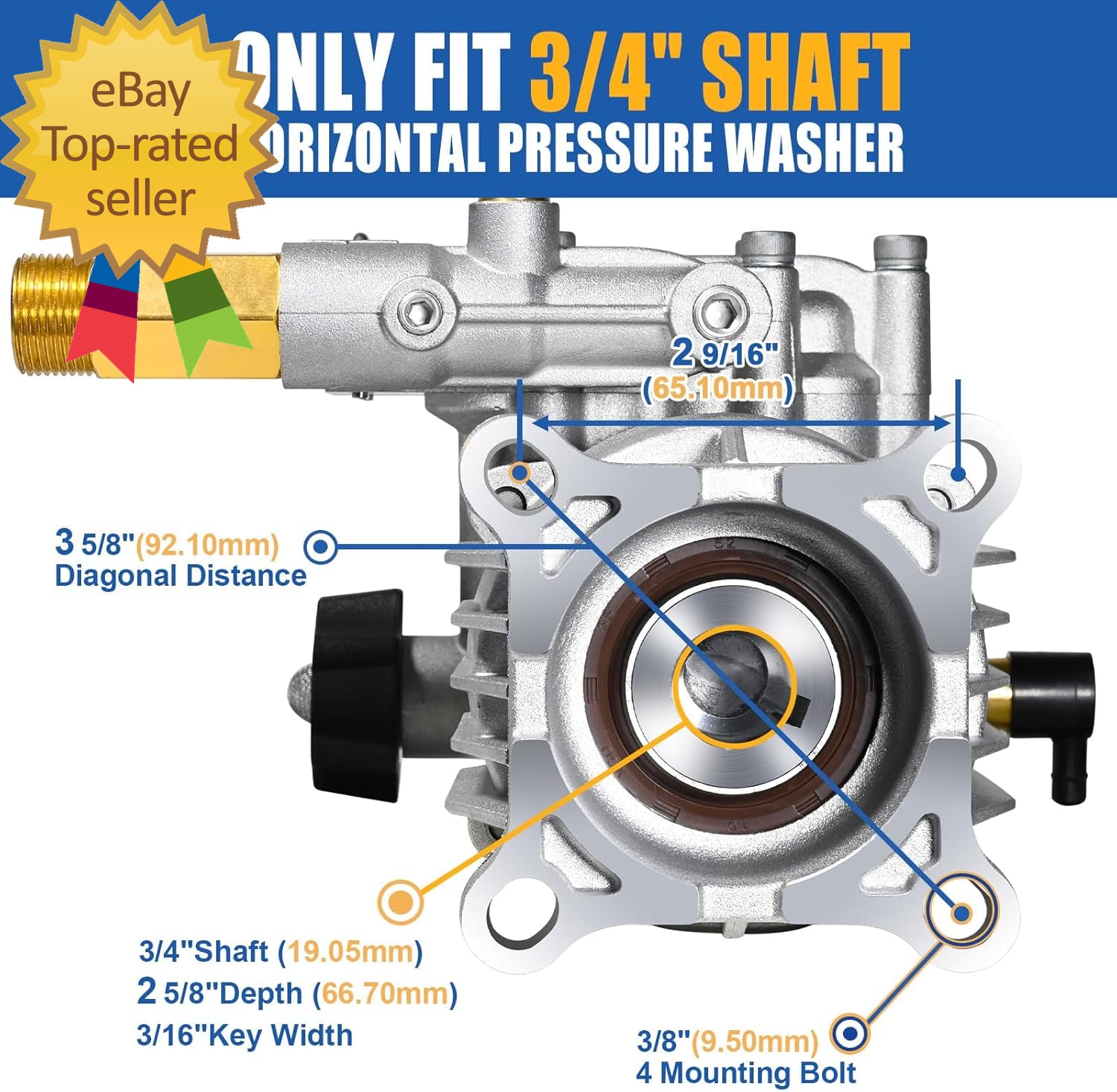 3/4" Shaft Horizontal Pressure Washer Pump 2600-3300 PSI 2.5 GPM Power Wash