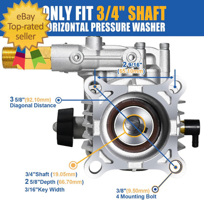 3/4" Shaft Horizontal Pressure Washer Pump 2600-3300 PSI 2.5 GPM Power Wash