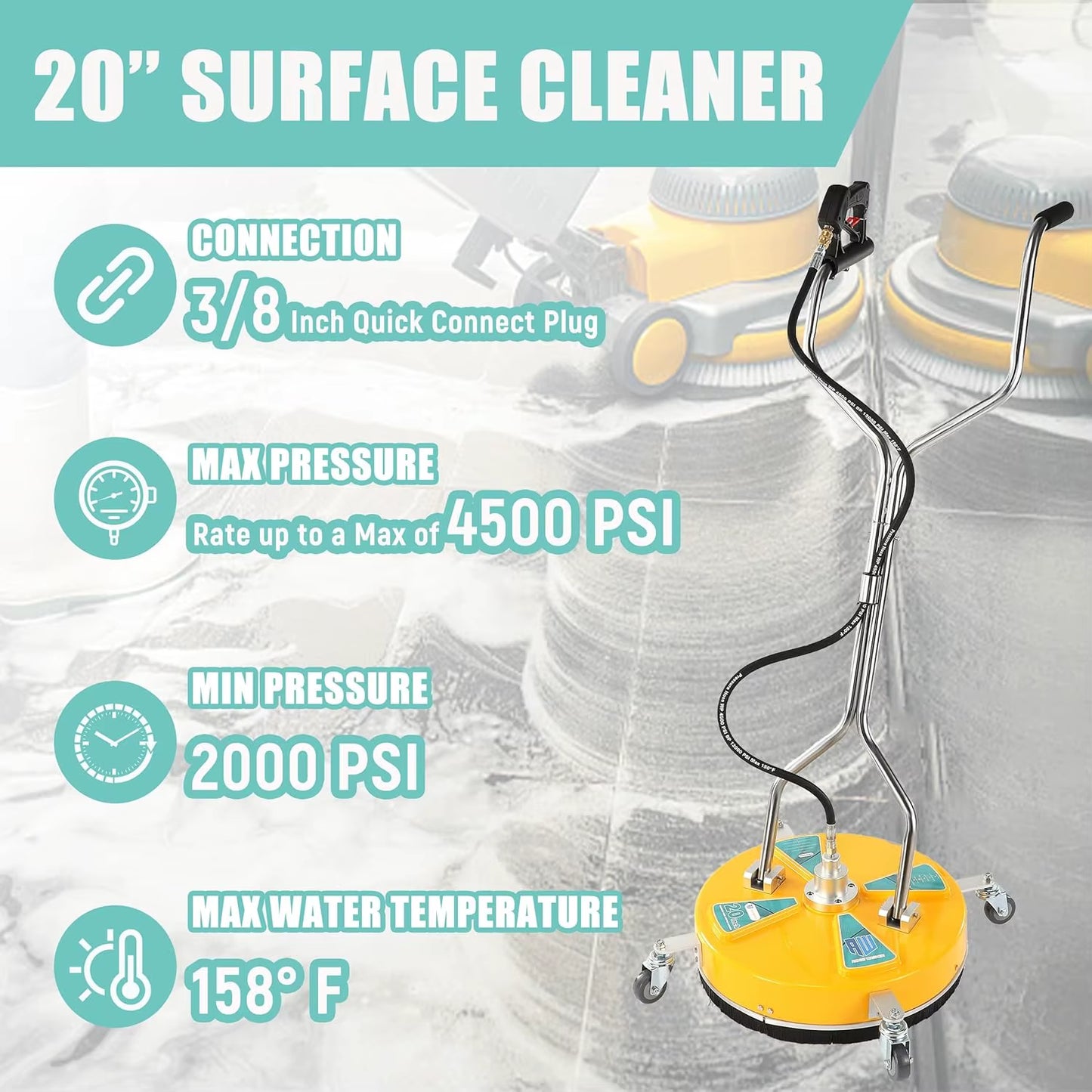 20'' Pressure Washer Surface Cleaner, 4500 PSI, Dual Handle with 4 Wheels for Driveways, Sidewalks, Patios, Decks