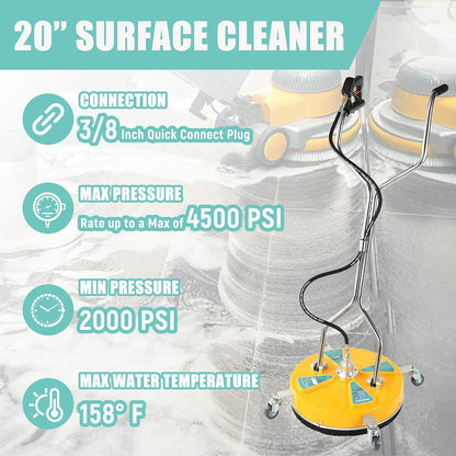 20'' Pressure Washer Surface Cleaner, 4500 PSI, Dual Handle with 4 Wheels for Driveways, Sidewalks, Patios, Decks